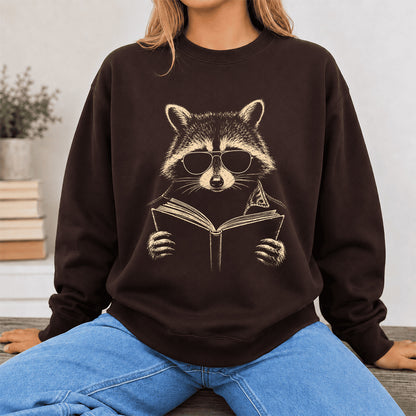 Raccoon Reading Book Crewneck Sweatshirt | Reader Gift Dark Chocolate