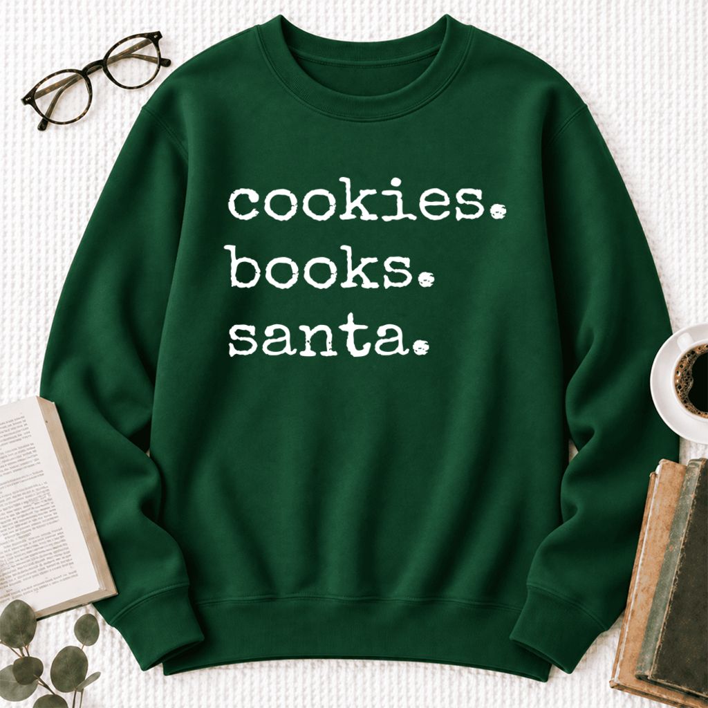 Cookies Books Santa Softstyle Sweatshirt | Christmas Book Lover Gift Forest Green