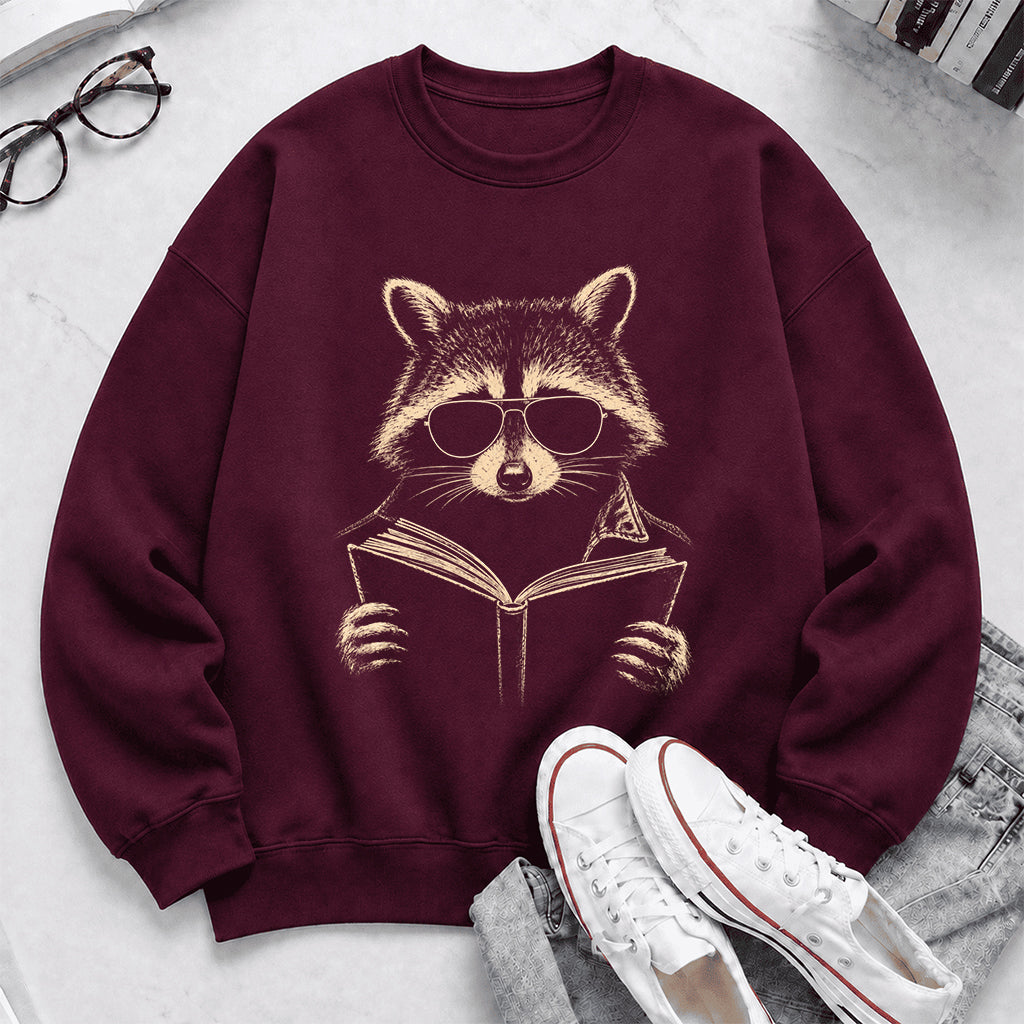 Raccoon Reading Book Crewneck Sweatshirt | Reader Gift Maroon