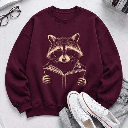 Raccoon Reading Book Crewneck Sweatshirt | Reader Gift Maroon