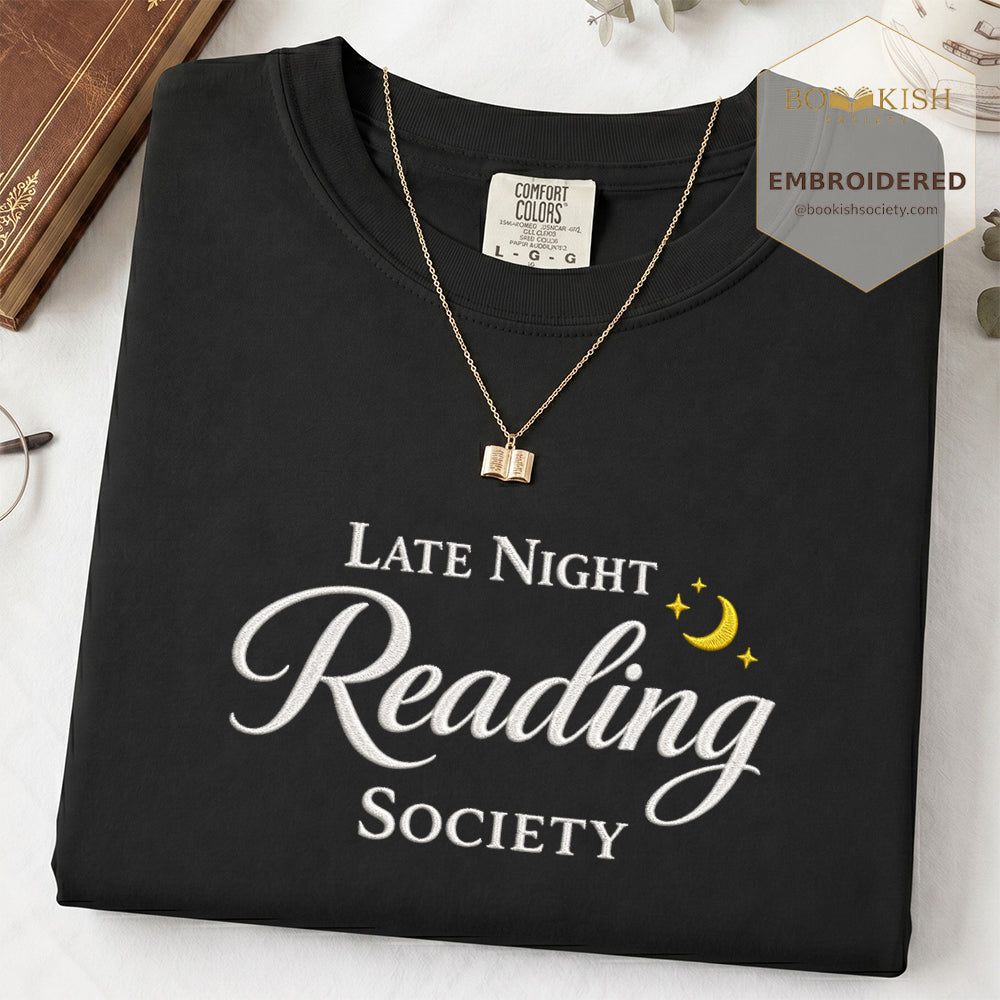 Late Night Reading Society Embroidered Comfort Color® T-shirt | Book Lover Gift Black