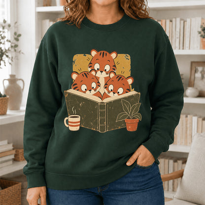 Minimal Japanese Tigers Reading Crewneck Sweatshirt | Reader Gift Forest Green