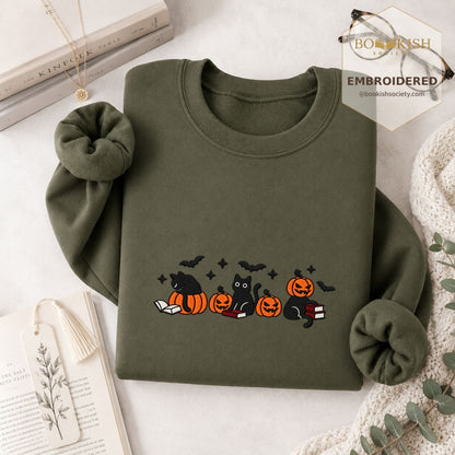 Black Cats And Halloween Embroidered Sweatshirt | Spooky Book Lover Gift Military Green