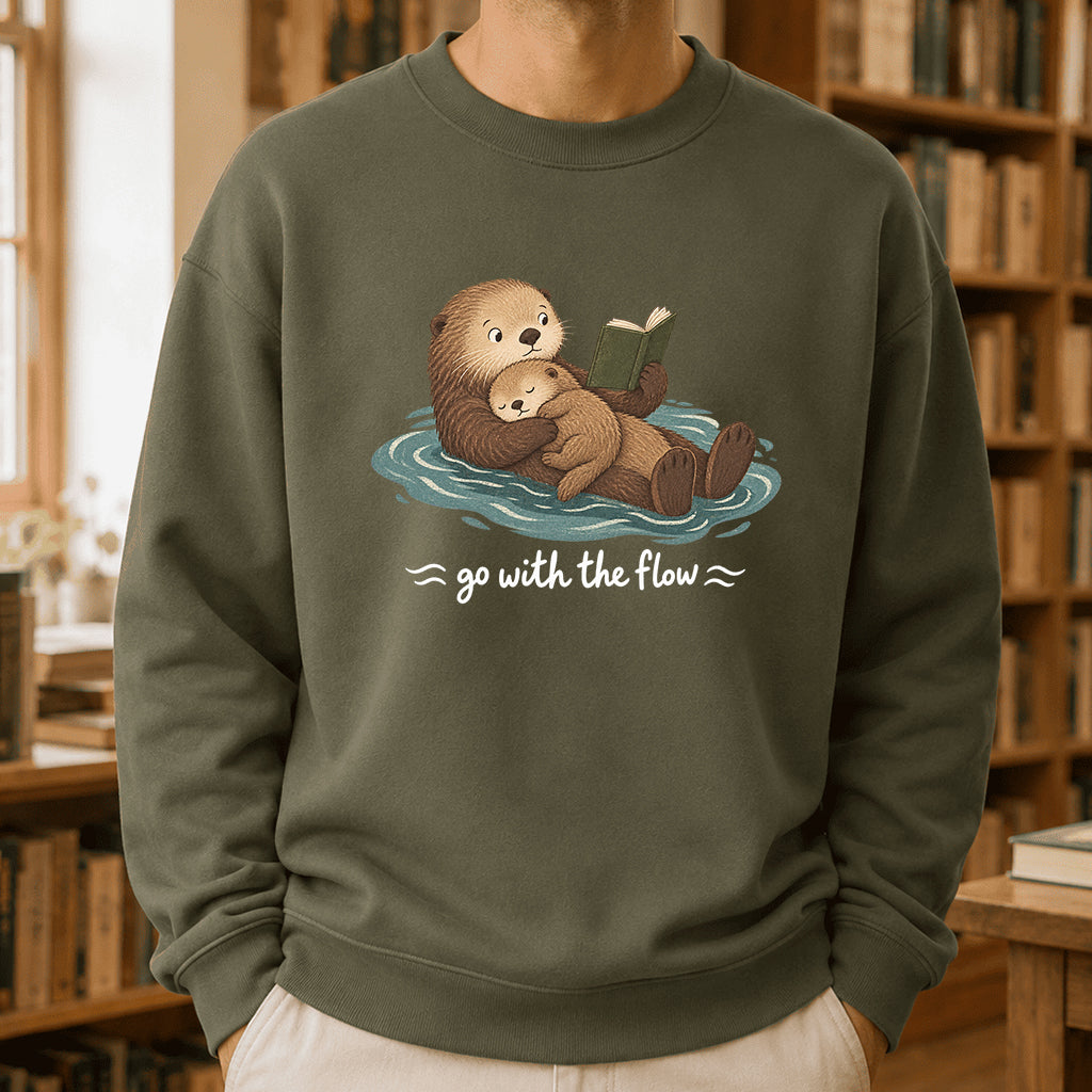 Go With The Flow Otter Reading Crewneck Sweatshirt | Reader Gift Military Green