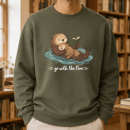 Go With The Flow Otter Reading Crewneck Sweatshirt | Reader Gift Military Green