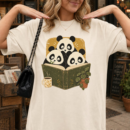 Minimal Japanese Pandas Reading Softstyle T-Shirt | Book Lover Gift Natural