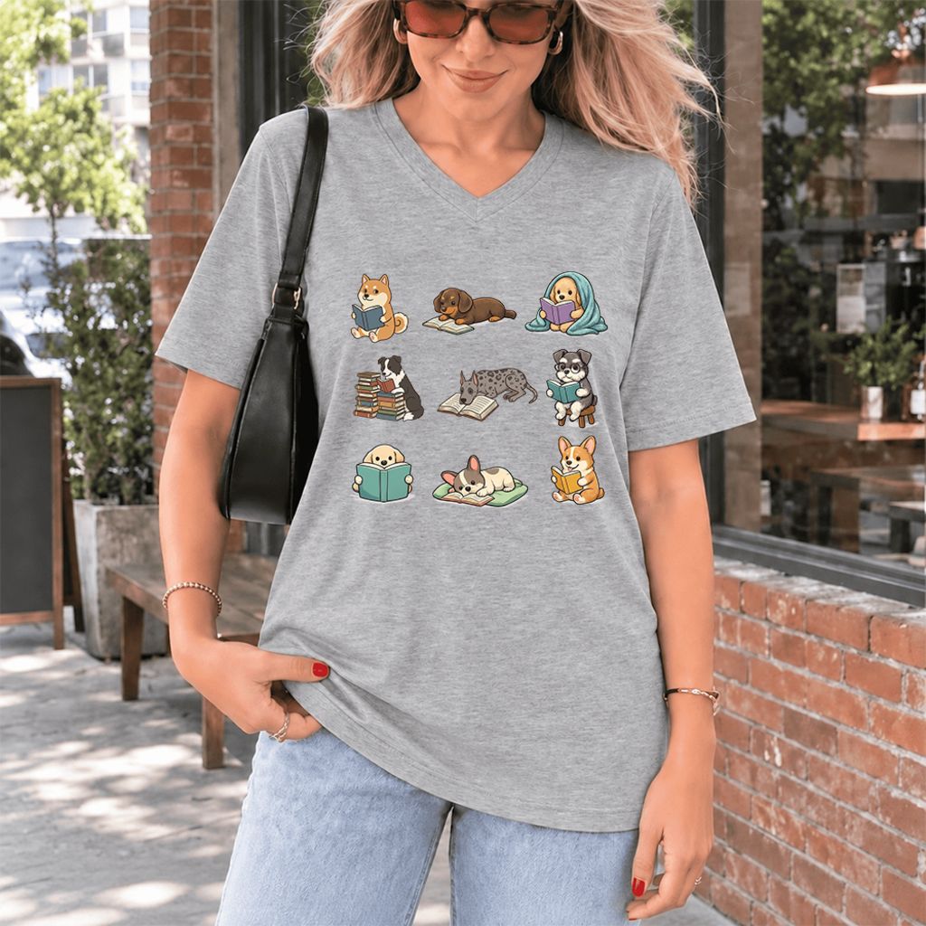 Funny Reading Dogs Ultra-Soft V-Neck | Dog Mom Reader Gift Athletic Heather