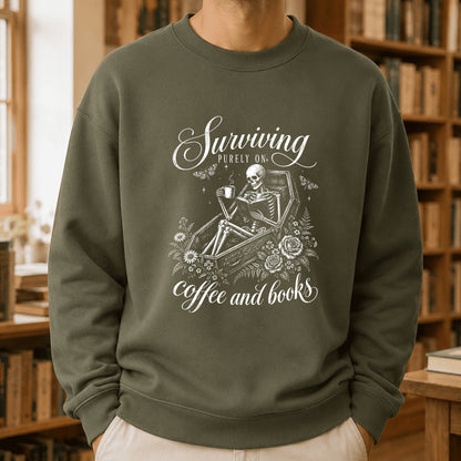 Surviving Purely On Coffee And Books Printed Sweatshirt | Halloween Reader Gift Military Green