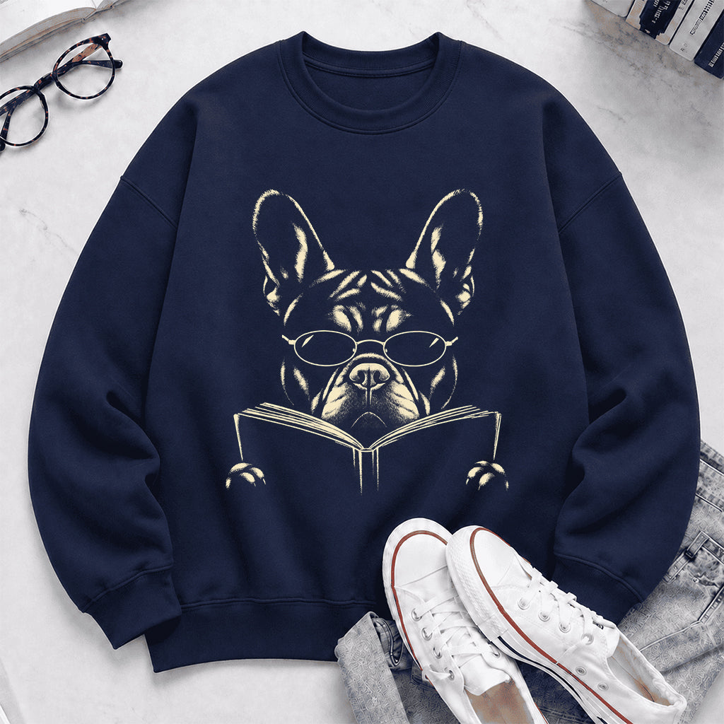 French Bulldog Reading Book Crewneck Sweatshirt | Reader Gift Navy