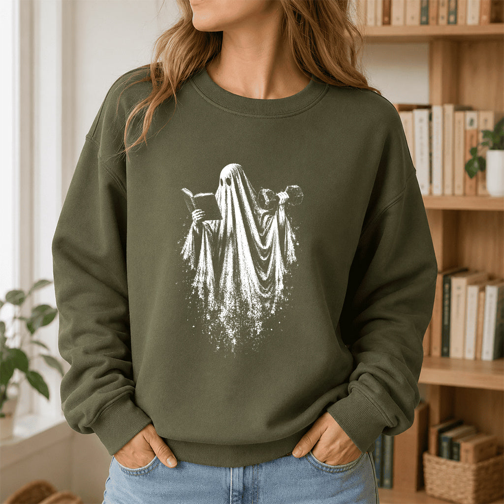 Reading Gym Ghost Printed Sweatshirt | Halloween Book Lover Gift Military Green