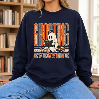 Ghosting Everyone Printed Sweatshirt | Halloween Book Lover Gift Navy