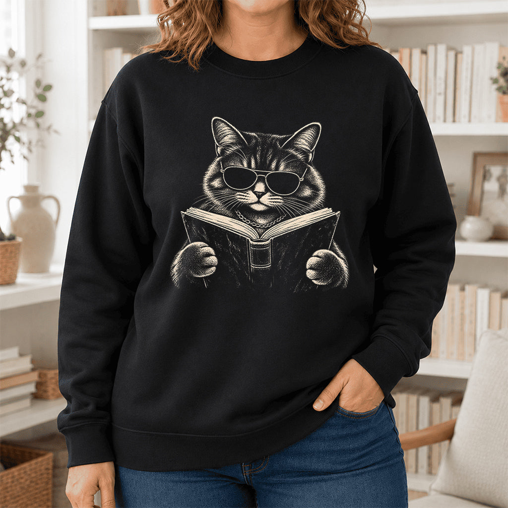 Cat Reading Book Crewneck Sweatshirt | Reader Gift Black