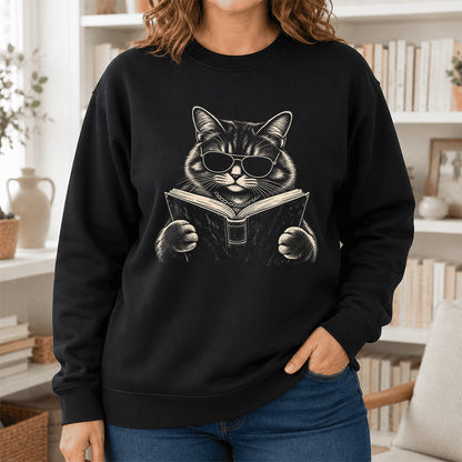Cat Reading Book Crewneck Sweatshirt | Reader Gift Black
