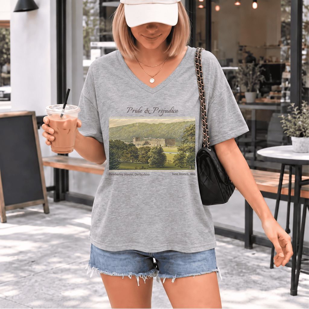 Pemberley House Pride And Prejudice Ultra-Soft V-Neck | Classic Literature Reader Gift Athletic Heather