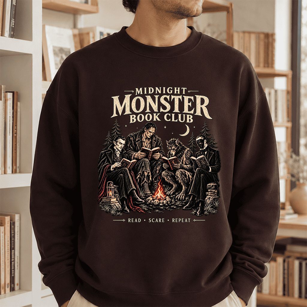 Midnight Monster Book Club Printed Sweatshirt | Halloween Book Lover Gift Dark Chocolate