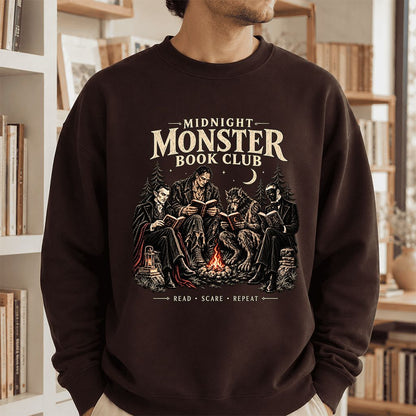 Midnight Monster Book Club Printed Sweatshirt | Halloween Book Lover Gift Dark Chocolate
