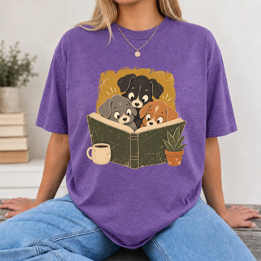 Minimal Japanese Dogs Reading Softstyle T-Shirt | Book Lover Gift Heather Purple