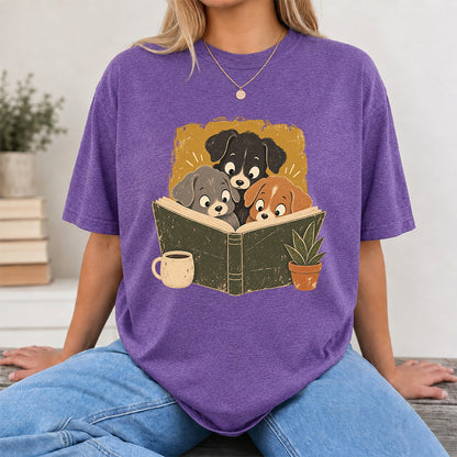 Minimal Japanese Dogs Reading Softstyle T-Shirt | Book Lover Gift Heather Purple