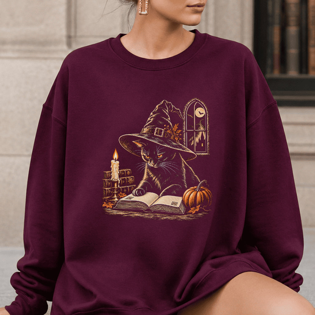 Reading Black Cat Witch Printed Sweatshirt | Halloween Book Lover Gift Maroon