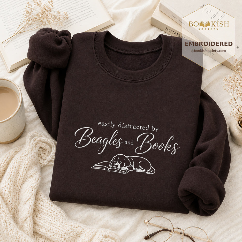 Easily Distracted By Beagles And Books Embroidered Sweatshirt | Dog Lover & Reader Gift Dark Chocolate