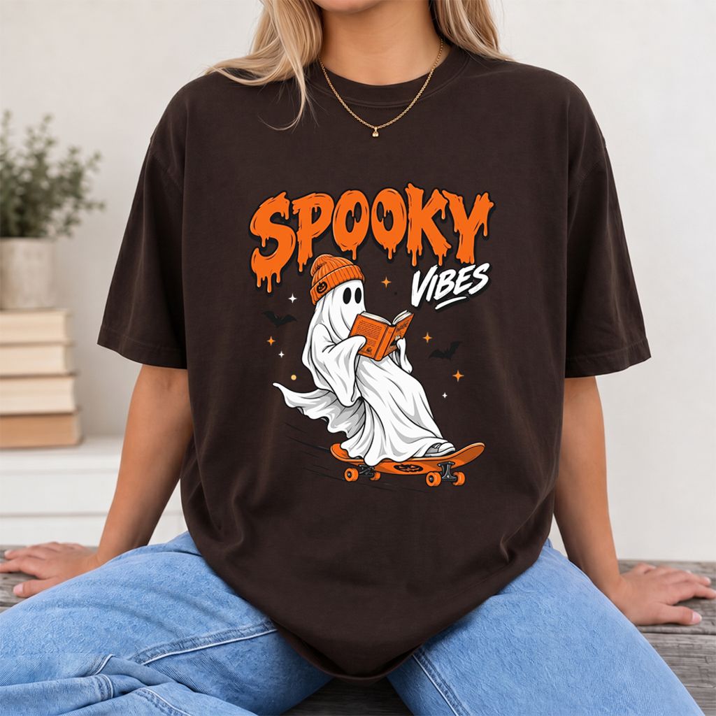 Spooky Vibes Printed T-Shirt | Halloween Book Lover Gift Dark Chocolate