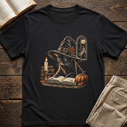 Reading Black Cat Witch Printed T-Shirt | Halloween Book Lover Gift Black