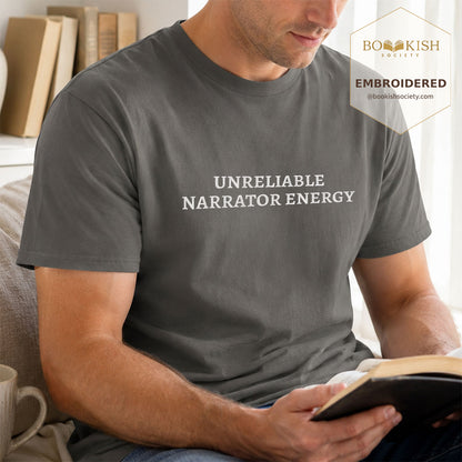 Embroidered Unreliable Narrator Energy Comfort Color® T-shirt Book Lover Gift Pepper