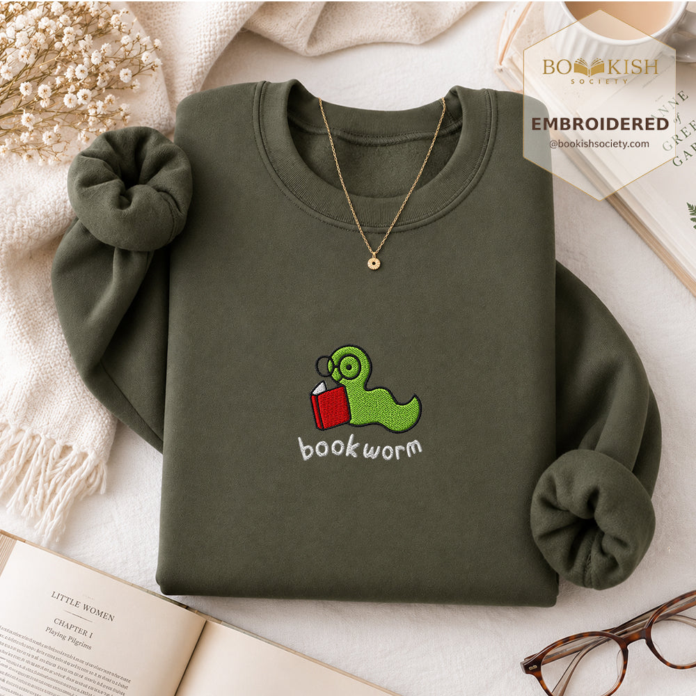 Bookworm Embroidered Sweatshirt | Reader Gift Military Green