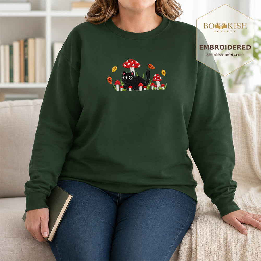 Mushroom Cat Embroidered Sweatshirt | Reader Gift Forest Green