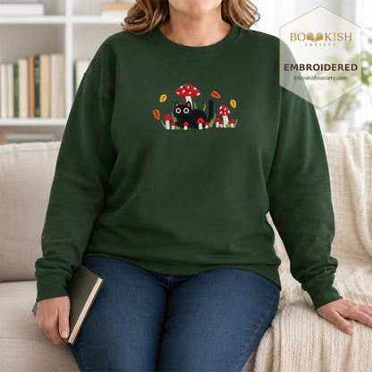 Mushroom Cat Embroidered Sweatshirt | Reader Gift Forest Green
