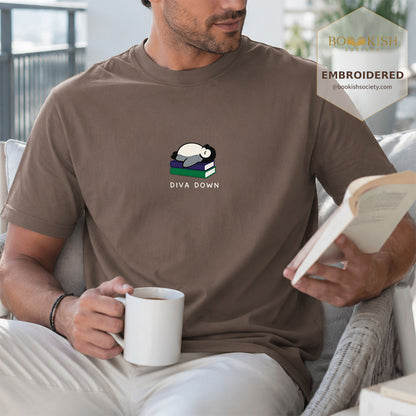Embroidered Diva Down Penguin Comfort Color® T-shirt Book Lover Gift Espresso