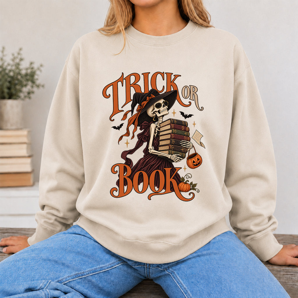 Trick Or Book Printed Sweatshirt | Halloween Book Lover Gift Sand