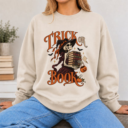 Trick Or Book Printed Sweatshirt | Halloween Book Lover Gift Sand