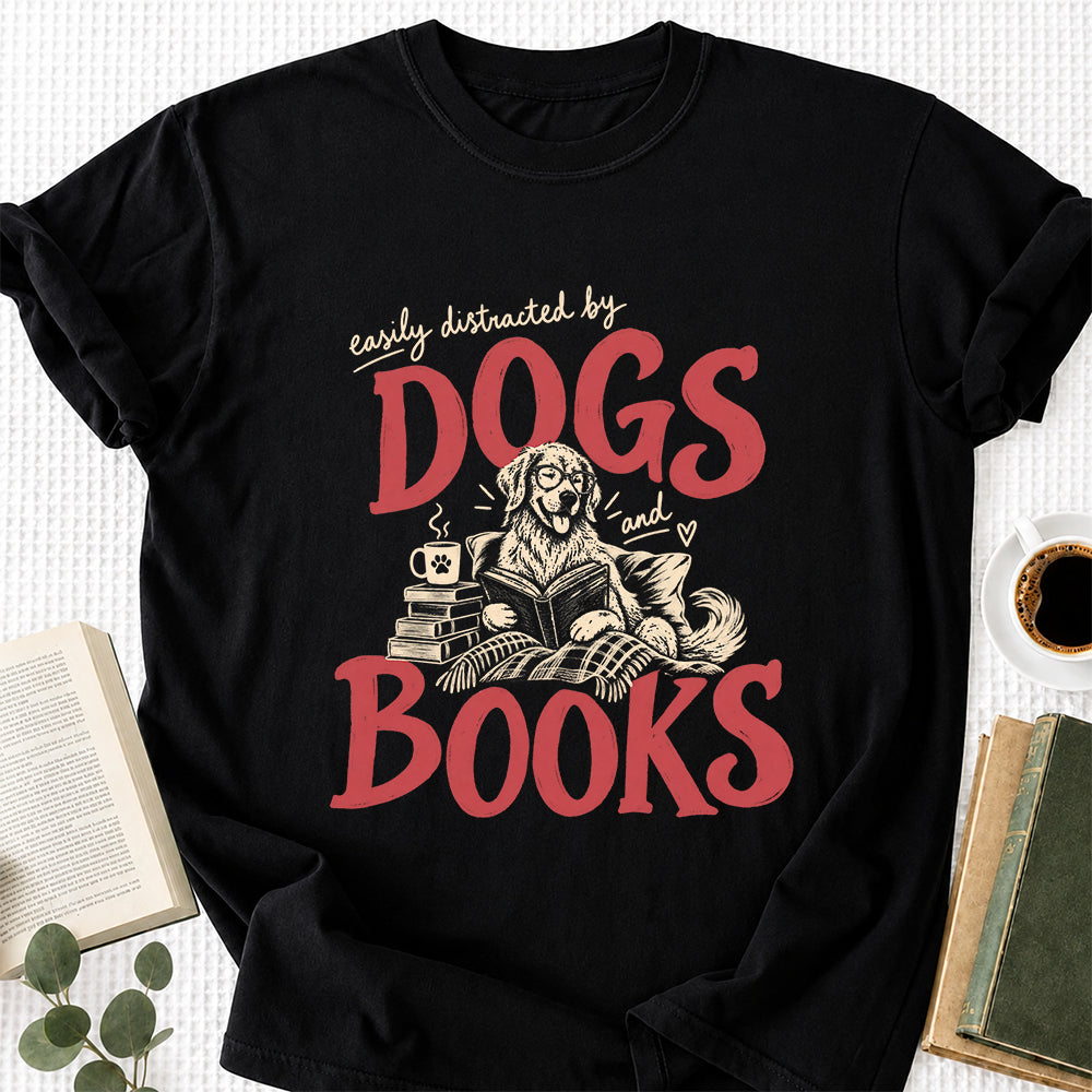 Easily Distracted By Dogs And Books Softstyle T-Shirt | Book Lover Gift Black