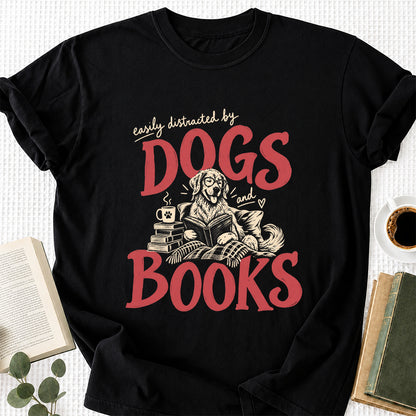Easily Distracted By Dogs And Books Softstyle T-Shirt | Book Lover Gift Black
