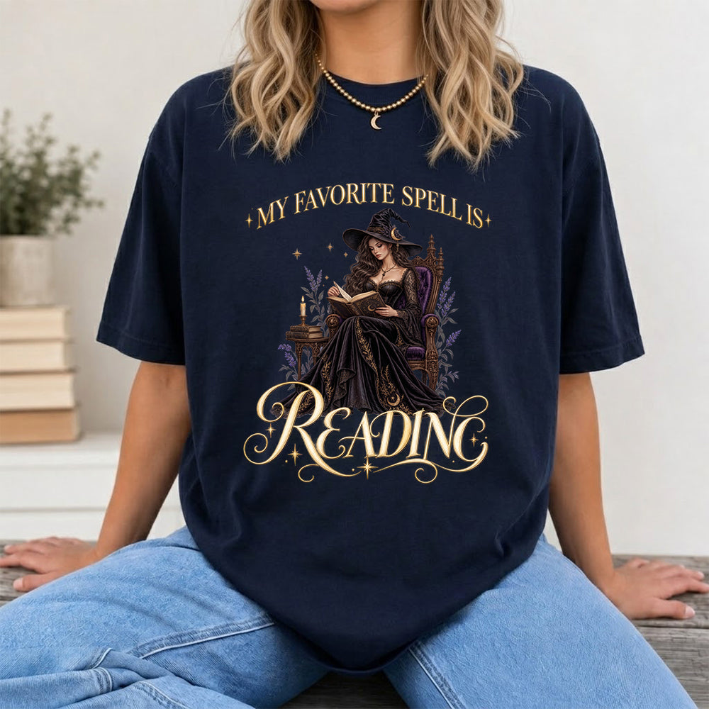 My Favorite Spell Is Reading Printed T-Shirt | Halloween Fantasy Book Lover Gift Navy