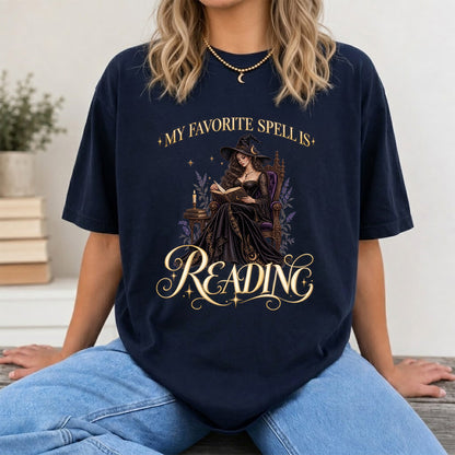 My Favorite Spell Is Reading Printed T-Shirt | Halloween Fantasy Book Lover Gift Navy