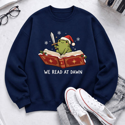 We Read At Dawn Frog Softstyle Sweatshirt | Christmas Book Lover Gift Navy