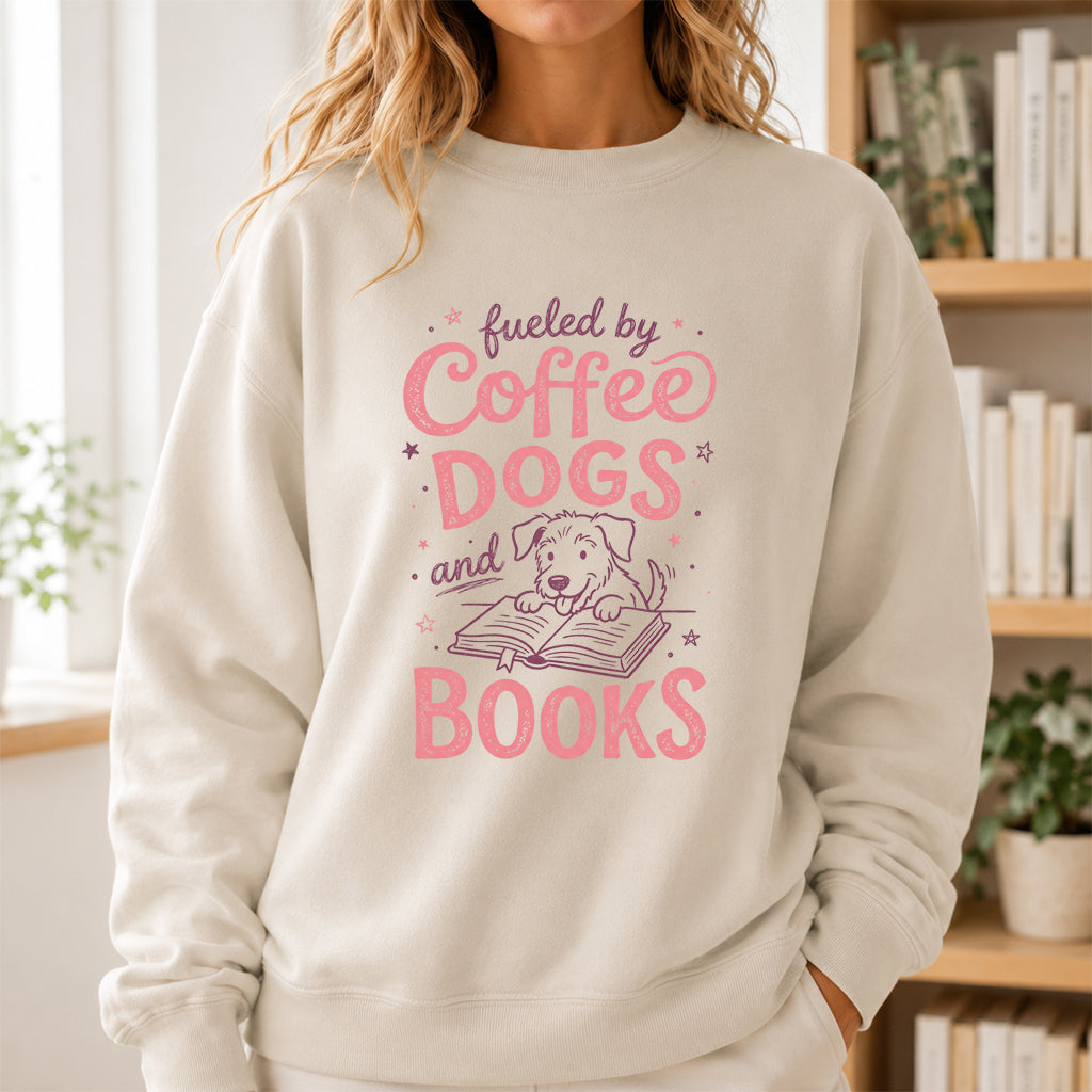 Fueled By Coffee, Dogs and Books Crewneck Sweatshirt | Coffee & Dog Lover, Reader Gift Sand