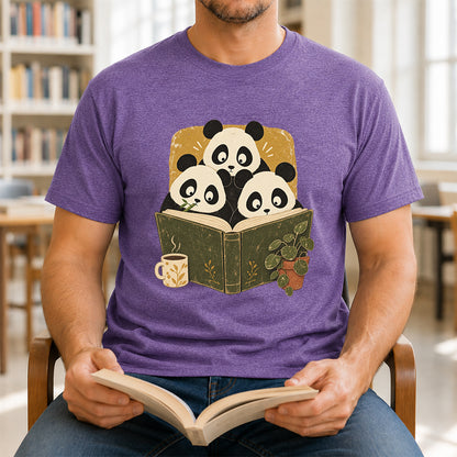 Minimal Japanese Pandas Reading Softstyle T-Shirt | Book Lover Gift Heather Purple