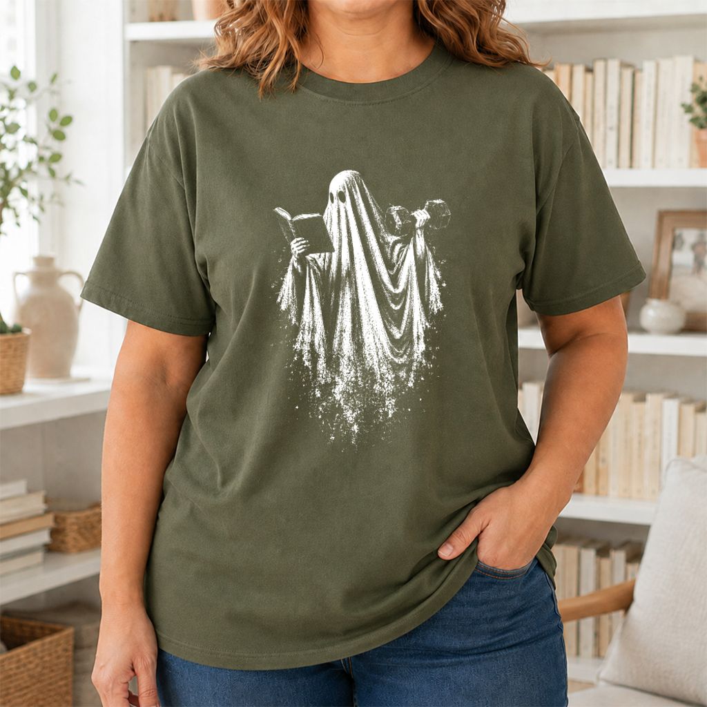 Reading Gym Ghost Printed T-Shirt | Halloween Book Lover Gift Military Green