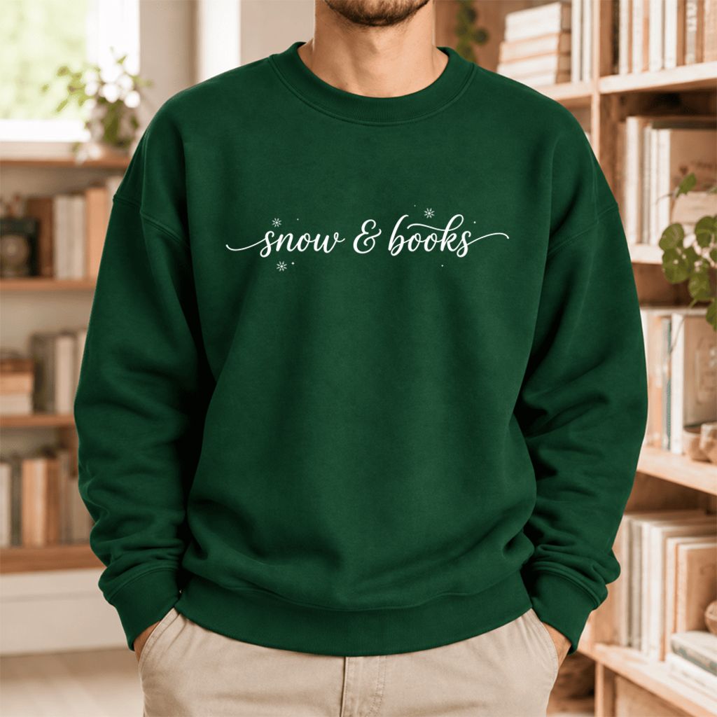 Snow & Books Softstyle Sweatshirt | Christmas Book Lover Gift Forest Green