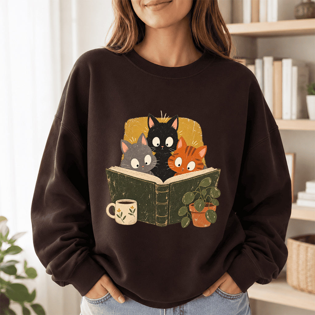 Minimal Japanese Cats Reading Crewneck Sweatshirt | Reader Gift Dark Chocolate