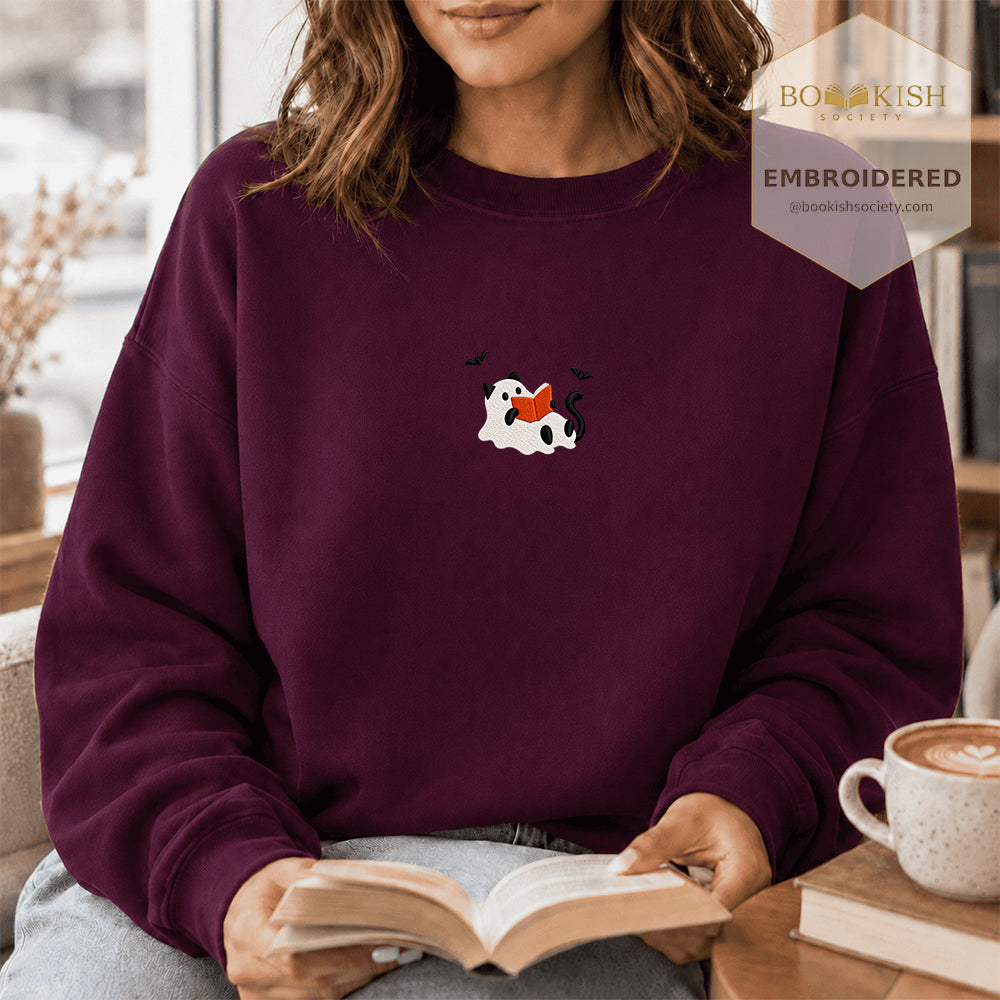 Reading Ghost Cat Embroidered Sweatshirt | Spooky Halloween Reader Gift Maroon