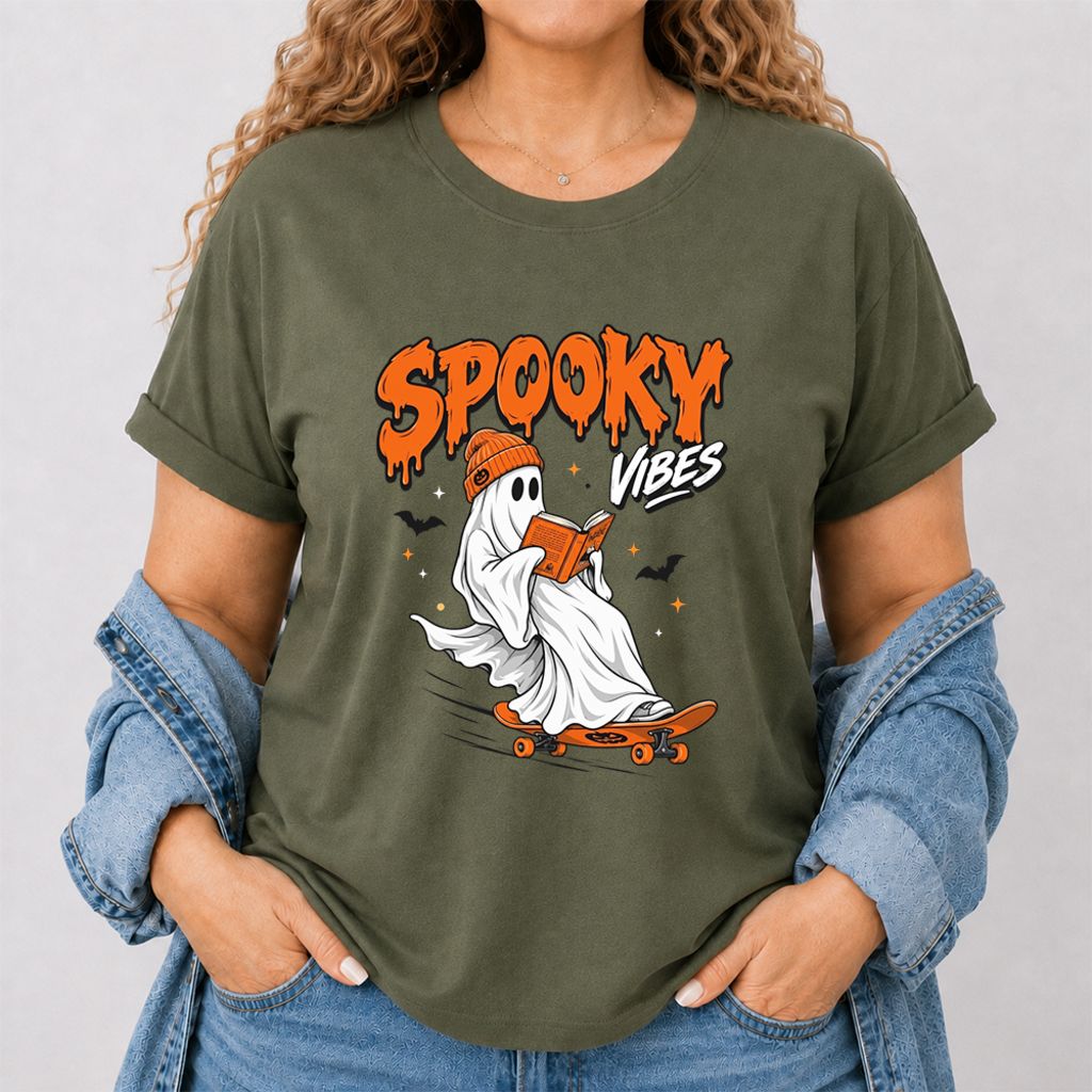 Spooky Vibes Printed T-Shirt | Halloween Book Lover Gift Military Green