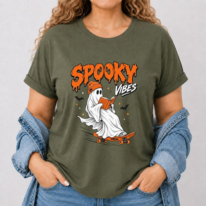 Spooky Vibes Printed T-Shirt | Halloween Book Lover Gift Military Green