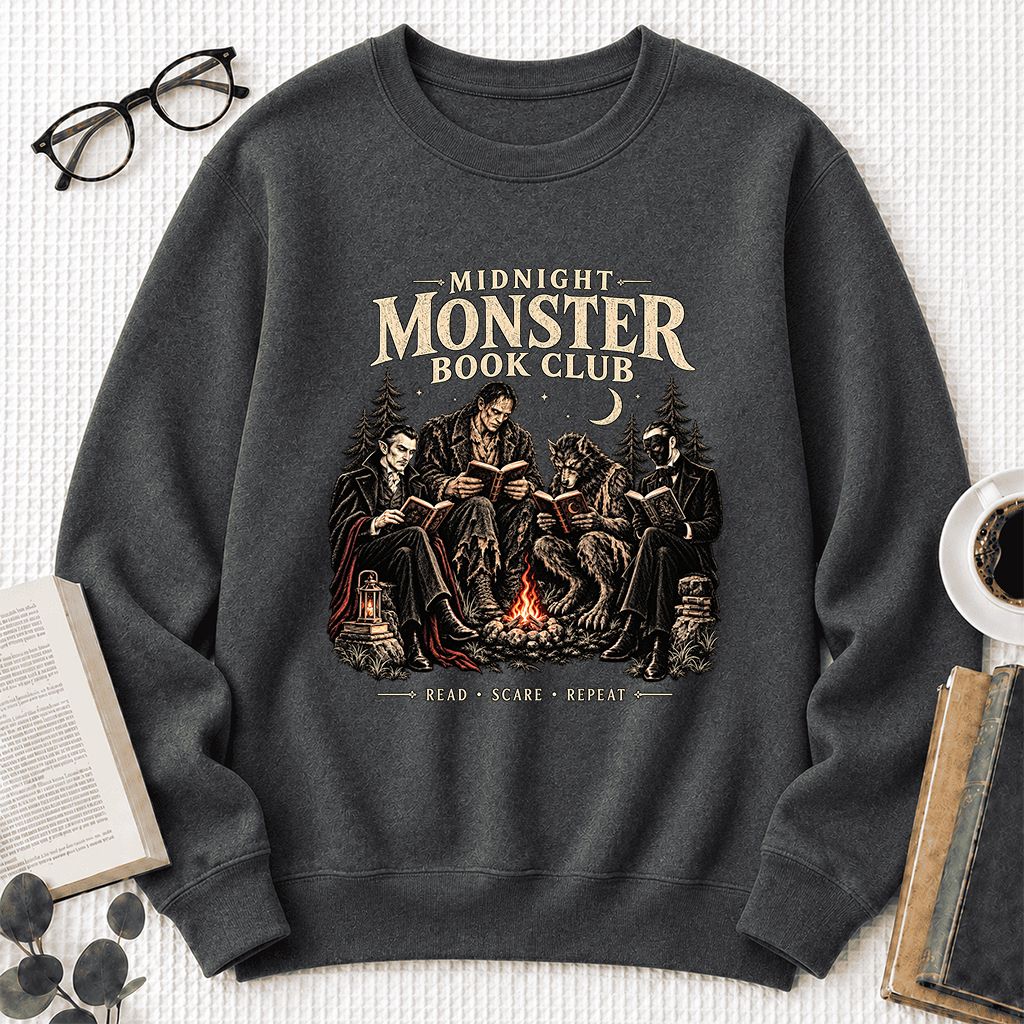 Midnight Monster Book Club Printed Sweatshirt | Halloween Book Lover Gift Dark Heather