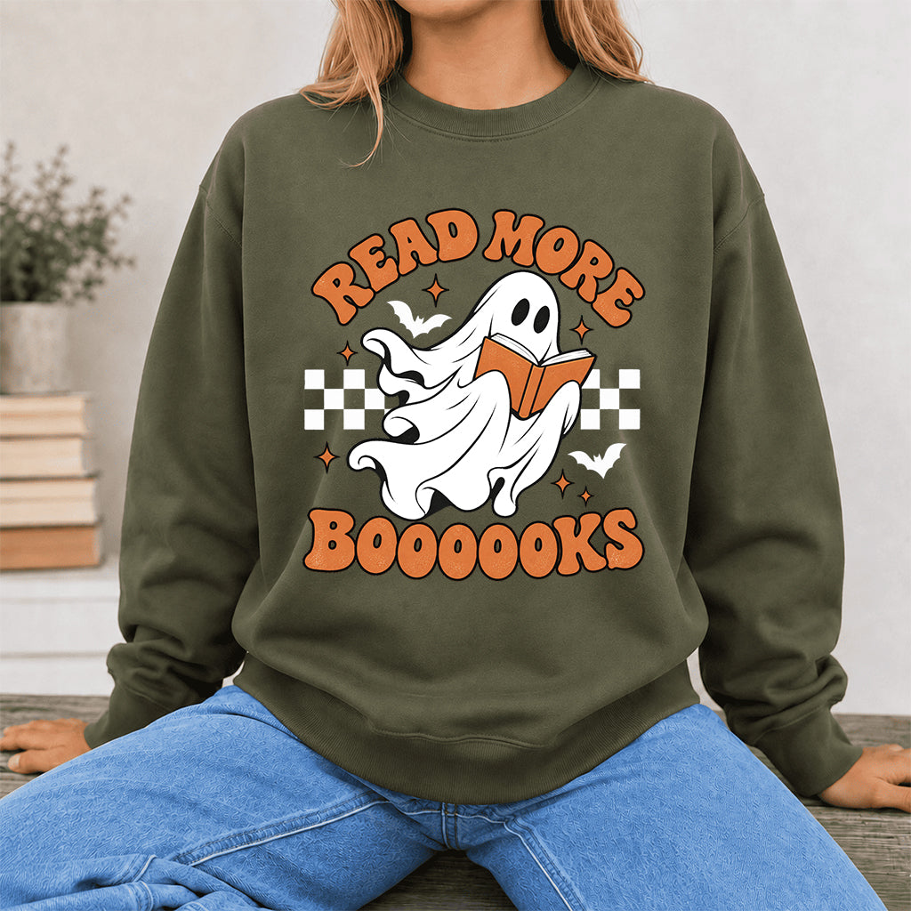 Read More Books Ghost Printed Sweatshirt | Halloween Book Lover Gift Military Green