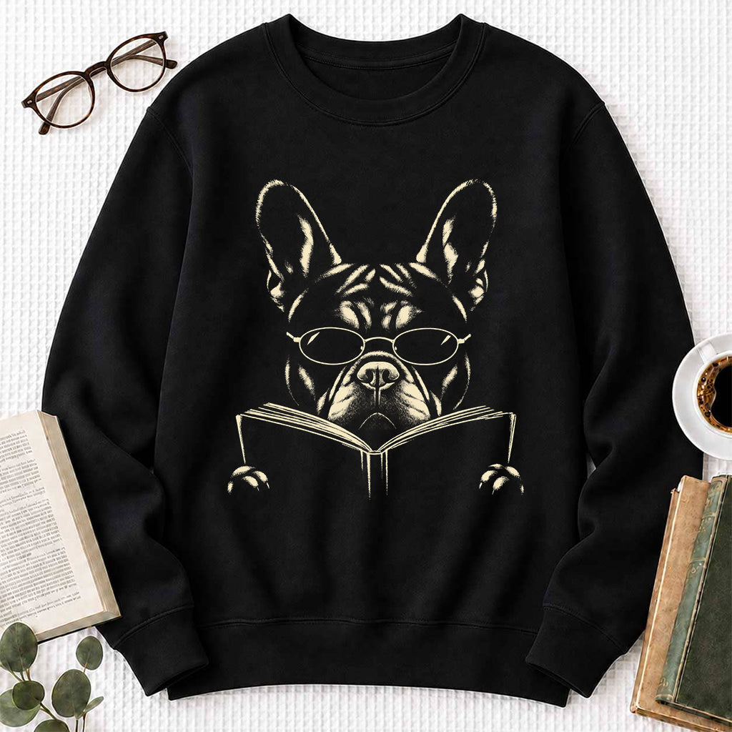 French Bulldog Reading Book Crewneck Sweatshirt | Reader Gift Black