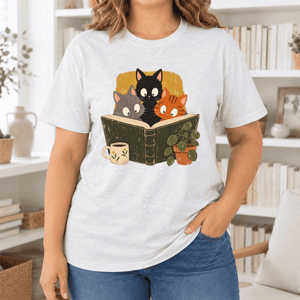 Curious Reading Cats Ultra-Soft Cotton T-Shirt | Cat Lover Reader Gift Ash